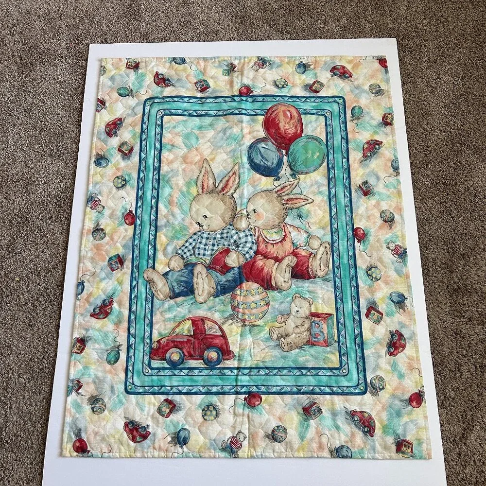 Handmade Baby Blanket Quilt Bunnies Rabbit Balloons Activity Play Mat 33x43 Inch